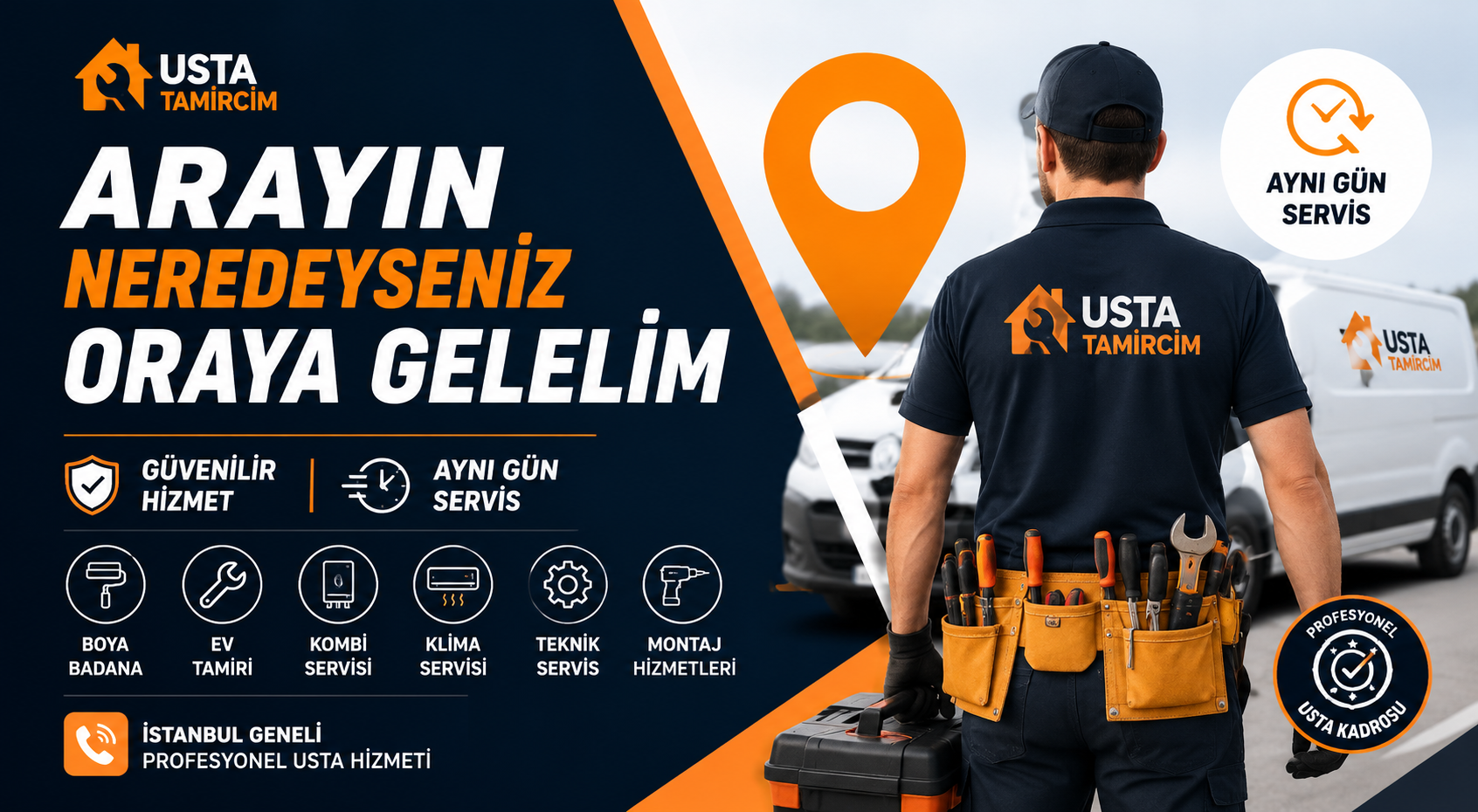 İstanbul genelinde aynı gün profesyonel usta hizmeti, ev tamiri, kombi servisi, klima bakımı, boya badana ve teknik servis çözümleri ile hizmet veriyoruz.